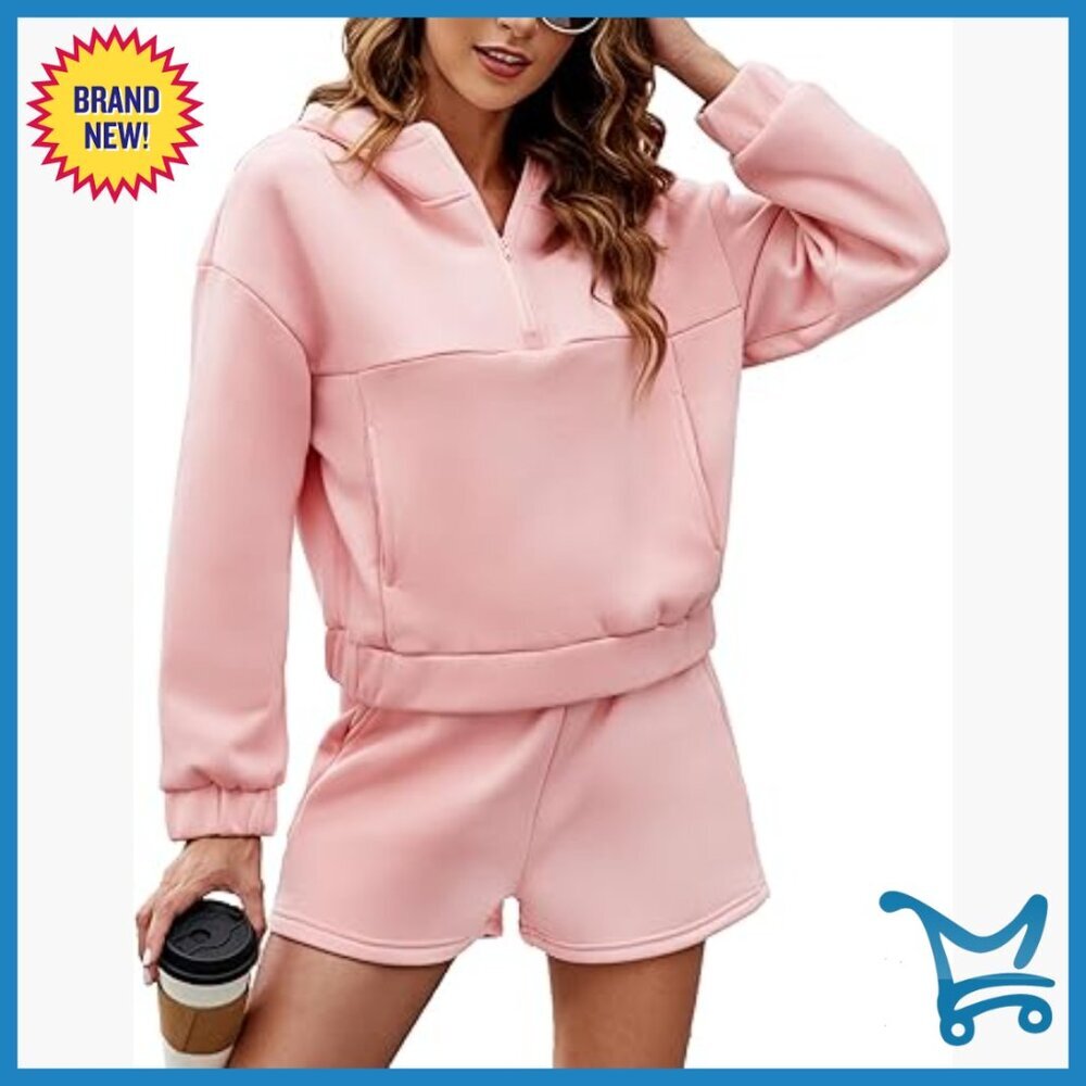 Women's Half Zip Hoodie & Shorts Lounge Set, Loose Fit, 50% Cotton Polyester